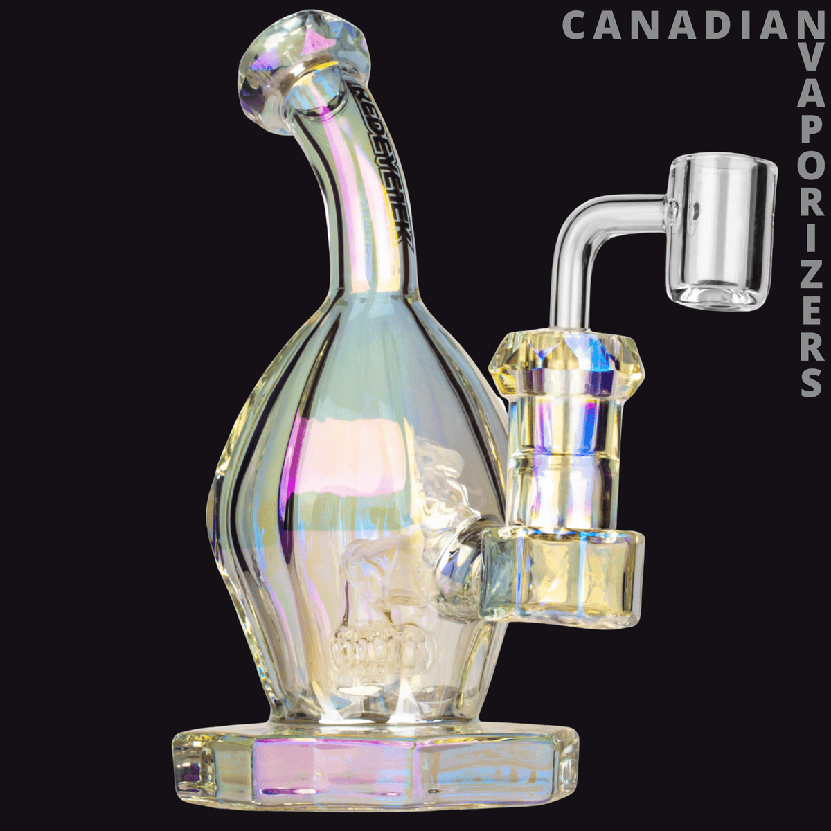 Red Eye Tek 7" Metallic Terminator Finish Aquila Concentrate Rig - Iridescent glass concentrate rig with a rounded chamber, curved neck, and clear quartz banger.