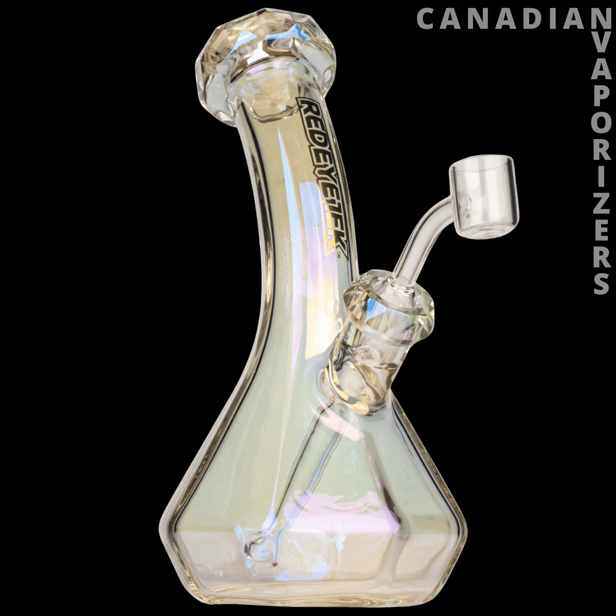 Red Eye Tek 8" Metallic Terminator Finish Carina Lean Back Beaker Base Concentrate Rig - Iridescent glass concentrate rig with a curved neck, beaker base, angled joint, and metal bowl.