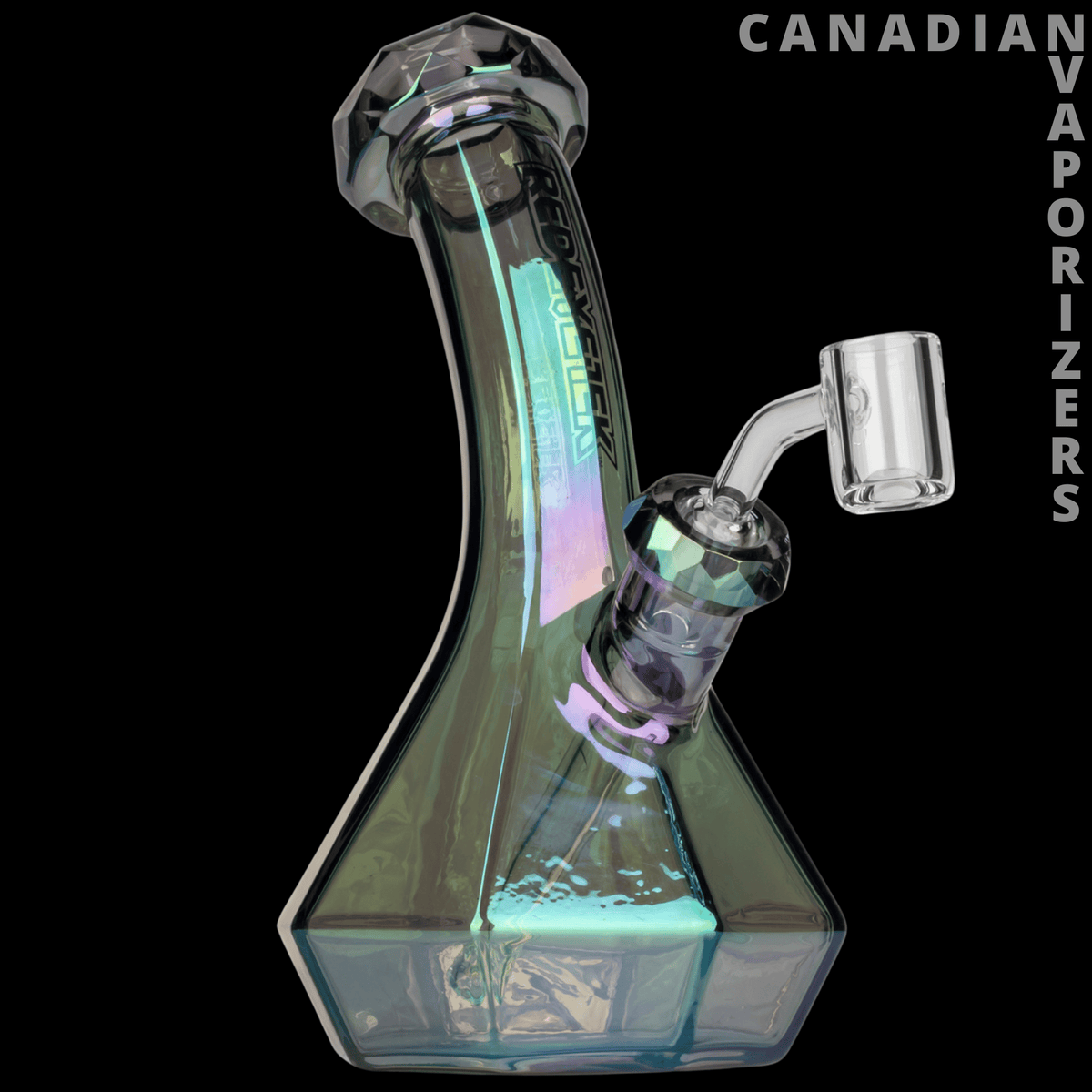 Red Eye Tek 8" Metallic Terminator Finish Carina Lean Back Beaker Base Concentrate Rig - Iridescent metallic lean-back glass concentrate rig with angular beaker base and clear quartz banger.