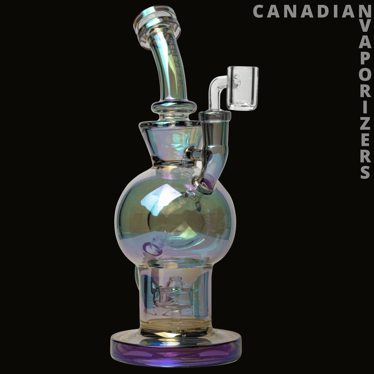 Red Eye Tek 8" Metallic Terminator Finish Volt Concentrate - Blue iridescent glass concentrate rig with a rounded chamber, angled neck, and clear quartz banger.