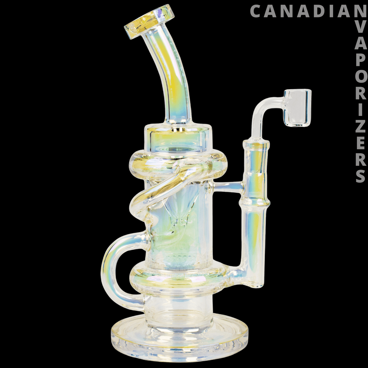 Red Eye Tek | 9.5” Metallic Klein Recycler Dab Rig - Iridescent glass Klein recycler dab rig with a curved mouthpiece, looping recycler tube, and round base.