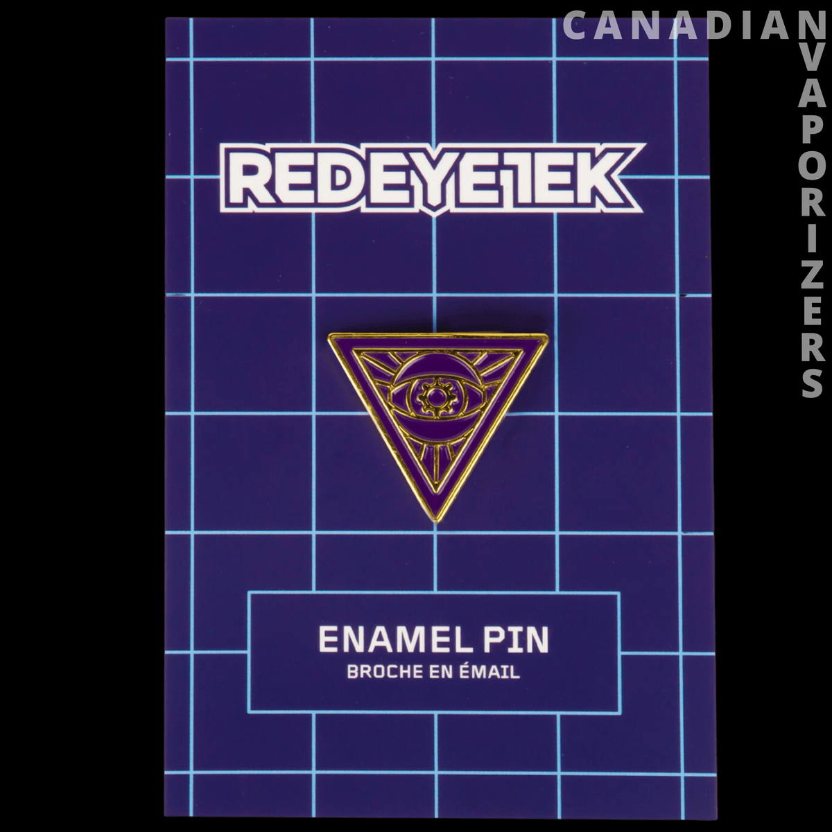 Red Eye Tek Triangle Pin - Red Eye Tek enamel pin with a gold-outlined purple triangle and eye emblem on a blue grid card.
