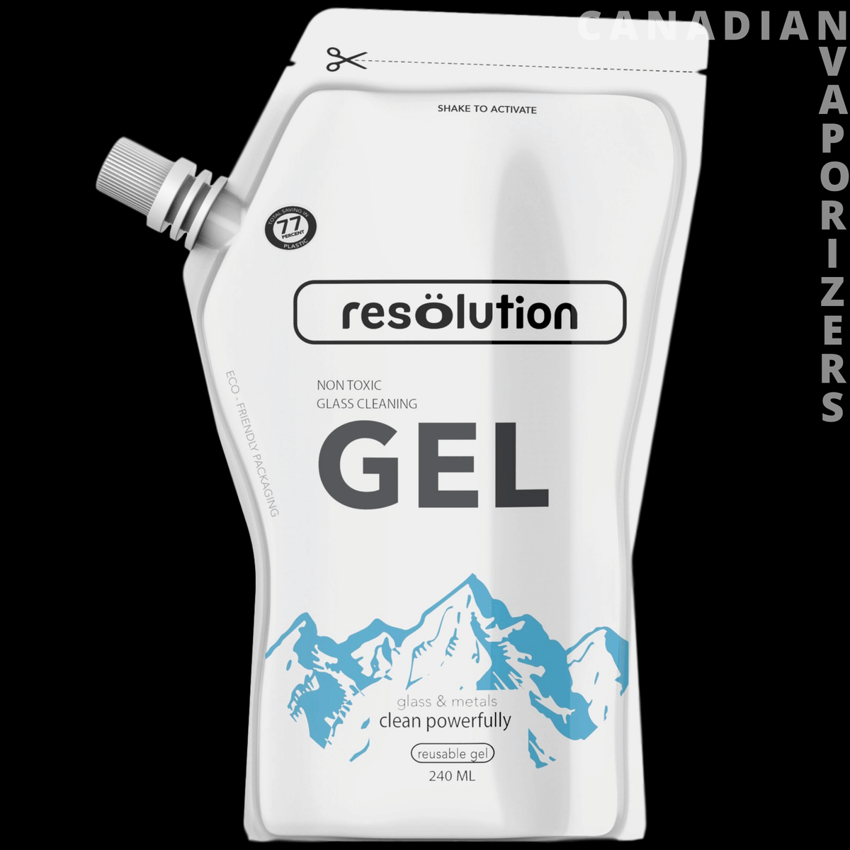 Resolution Gel Cleaner - White refill pouch of Résolution glass cleaner gel with a screw cap and blue mountain graphics.