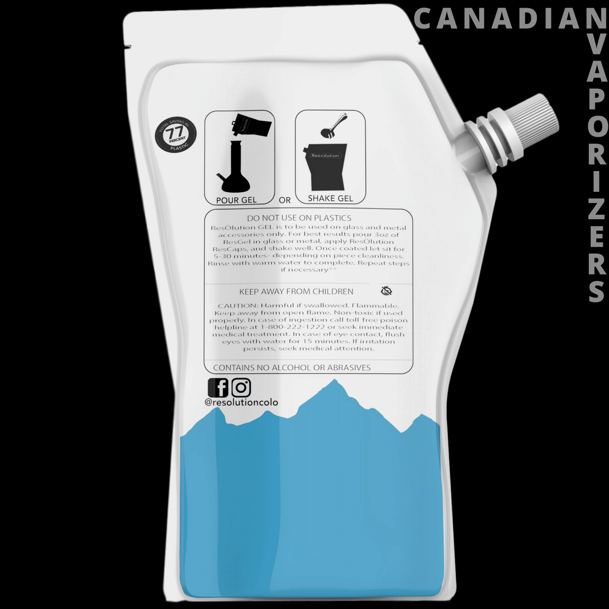 Resolution Gel Cleaner - White-and-blue spouted pouch of Resolution Gel Cleaner with black cleaning instructions and a screw cap.