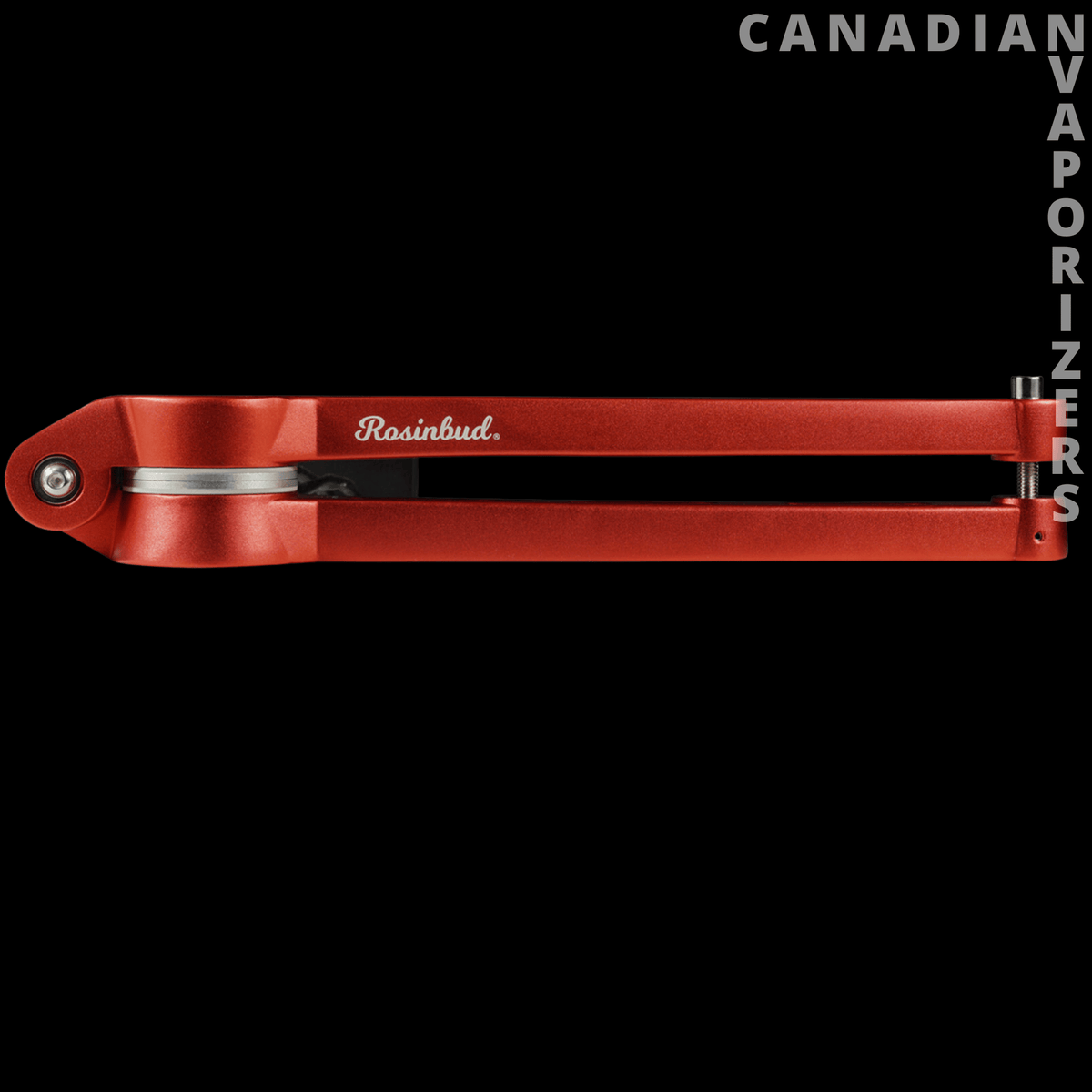 Rosinbud M1 Rosin Press - Red Rosinbud rosin press with a long lever, silver metal bands, and a round pivot joint.