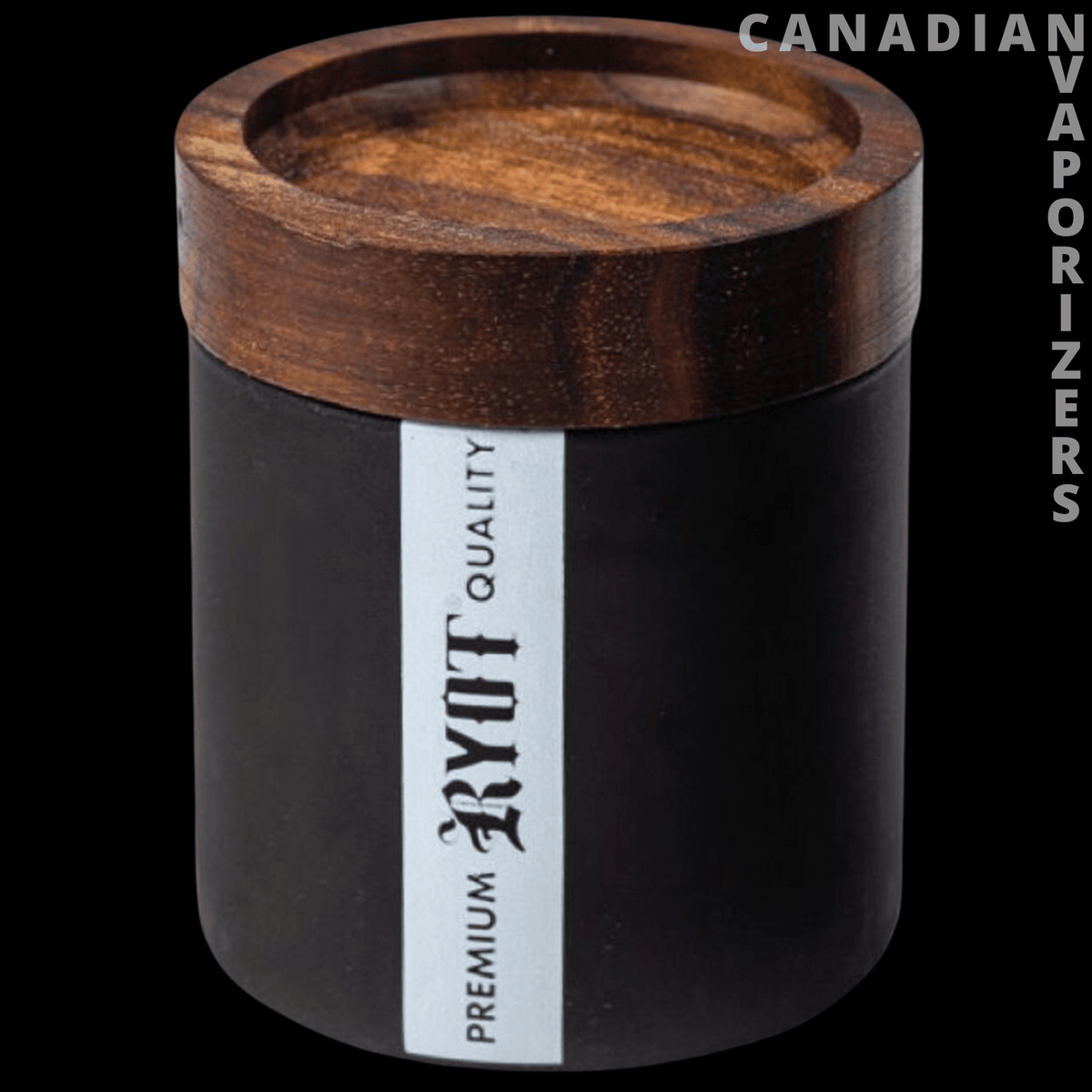 Ryot Jar - Black Ryot jar with a dark wood-grain lid and a white vertical Premium Ryot Quality label.