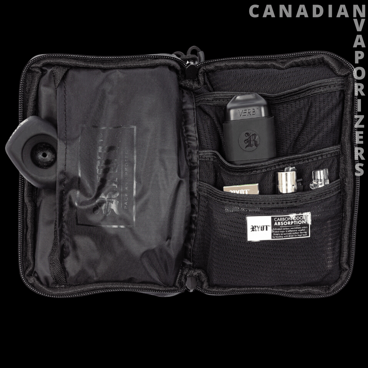 Ryot Medium PackRatz - Open black nylon PackRatz organizer with mesh pockets holding small accessories and a compact device.