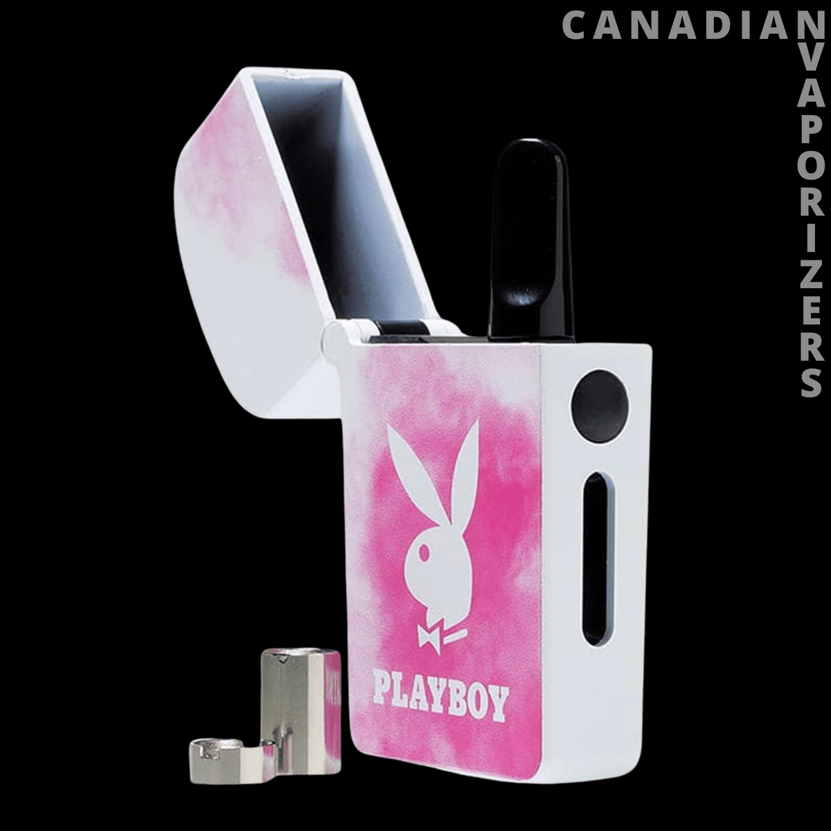 Ryot Verb Playboy 510 Thread Battery - White Playboy 510 thread battery with pink marbled finish, bunny logo, and open hinged mouthpiece cover.
