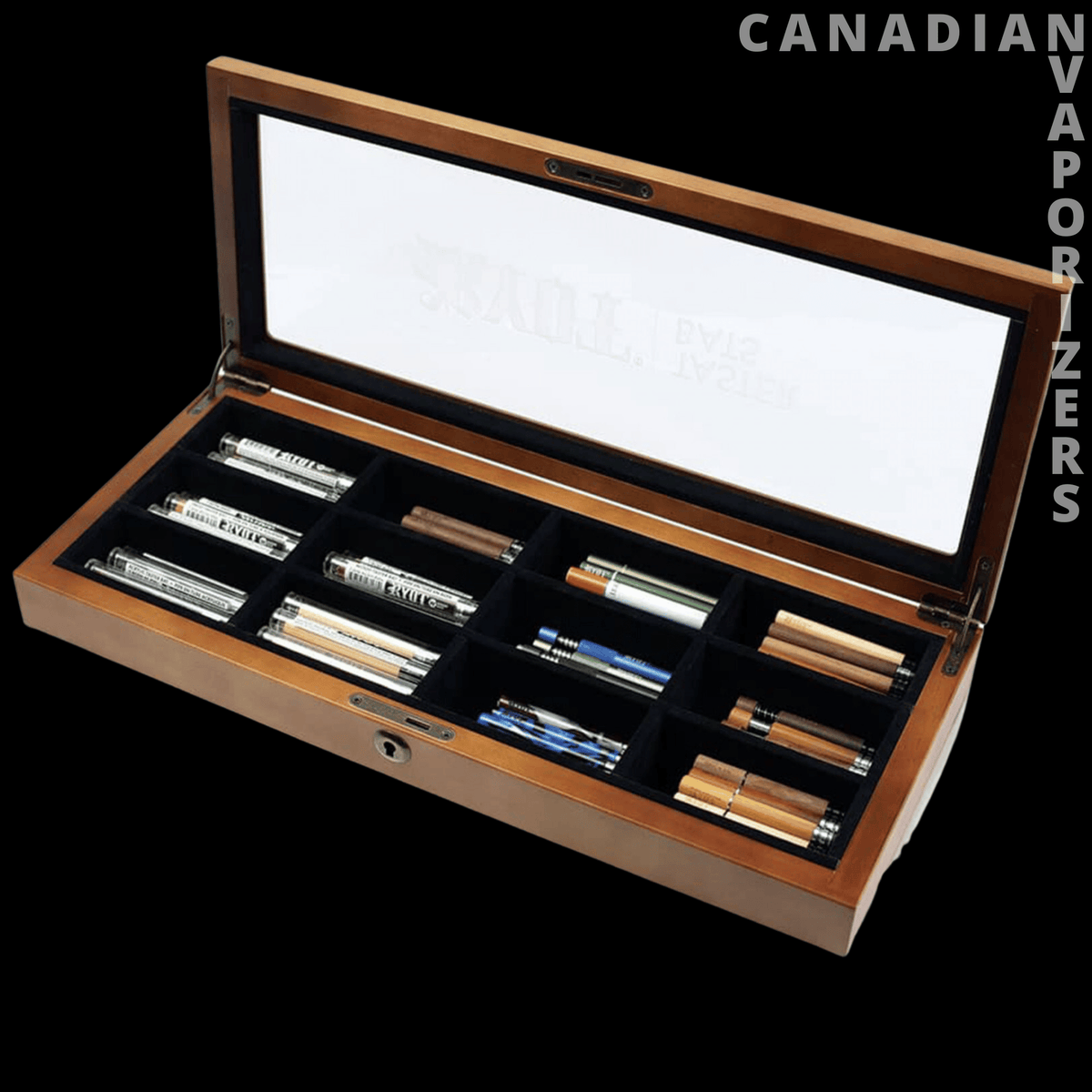 Ryot Taster Bat POP Display Box - Open wooden Ryot taster bat display box with black compartments holding assorted glass bats and accessories.