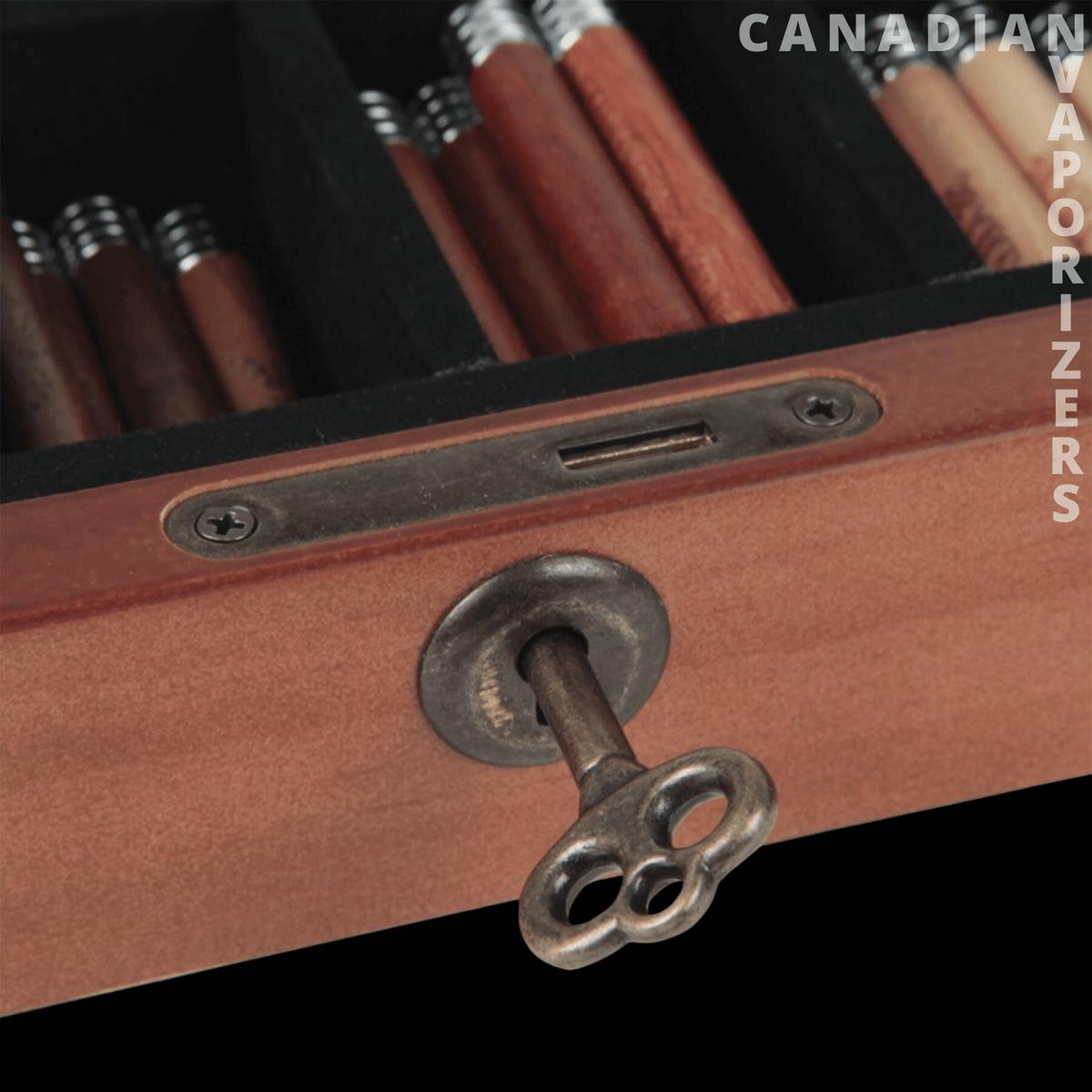 Ryot Taster Bat POP Display Box - Wooden Ryot taster bat display box with black interior slots and a metal keyhole latch.