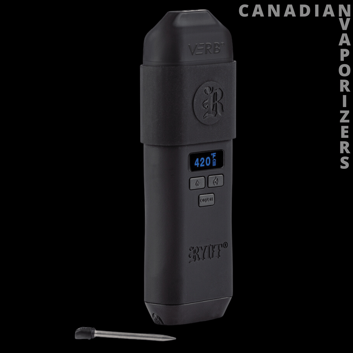 Ryot Verb Dry Herb Vaporizer - Black Ryot Verb dry herb vaporizer with a blue digital temperature display, three buttons, and compact rectangular design.