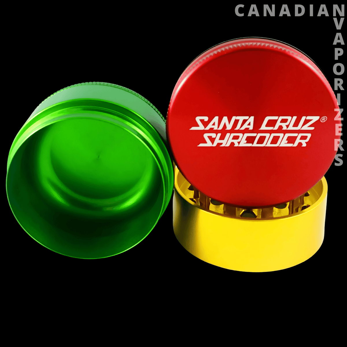 Santa Cruz Shredder 3-Piece Grinder Medium 2.2" - Rasta Santa Cruz Shredder grinder with a bright green base, red lid, and gold center section.