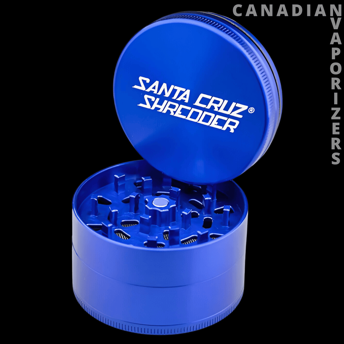 Santa cruz shredder large 4-piece pollinator 2.75" - Blue anodized Santa Cruz Shredder with open lid revealing metal grinding teeth.