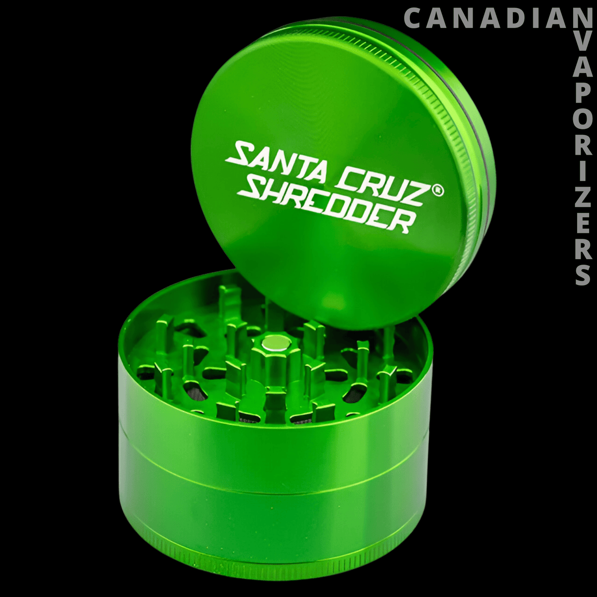 Santa cruz shredder large 4-piece pollinator 2.75" - Open green Santa Cruz Shredder grinder with toothed lid and perforated grinding chamber.