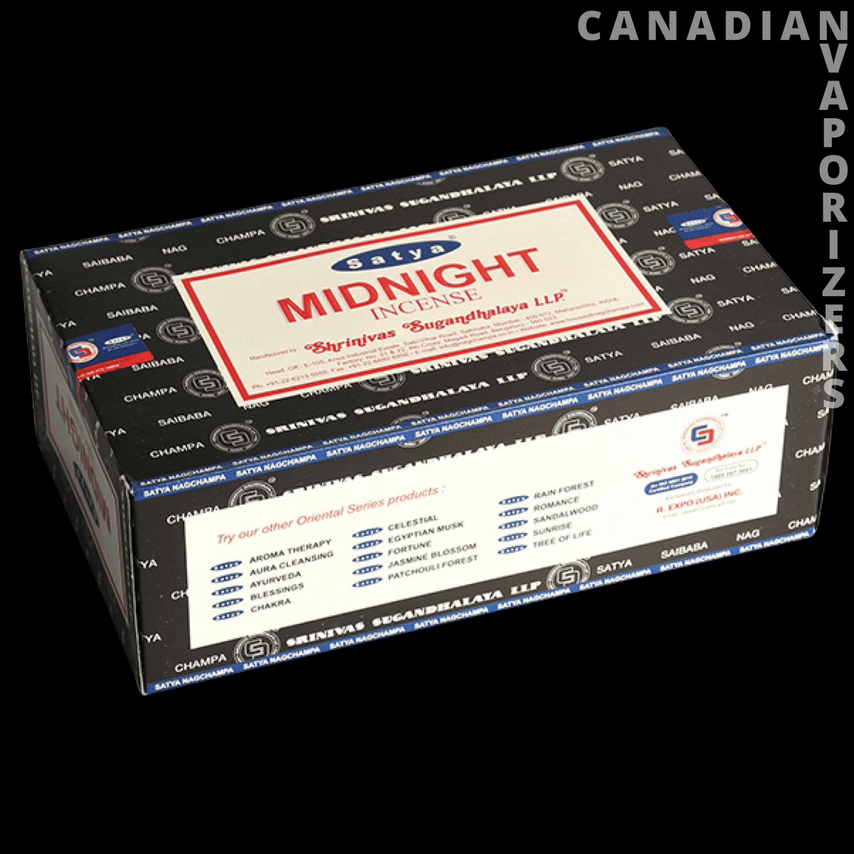 Satya Midnight Incense (12 Packs of 15g) - Black Satya Midnight incense box with a cream-and-red label and blue accents.
