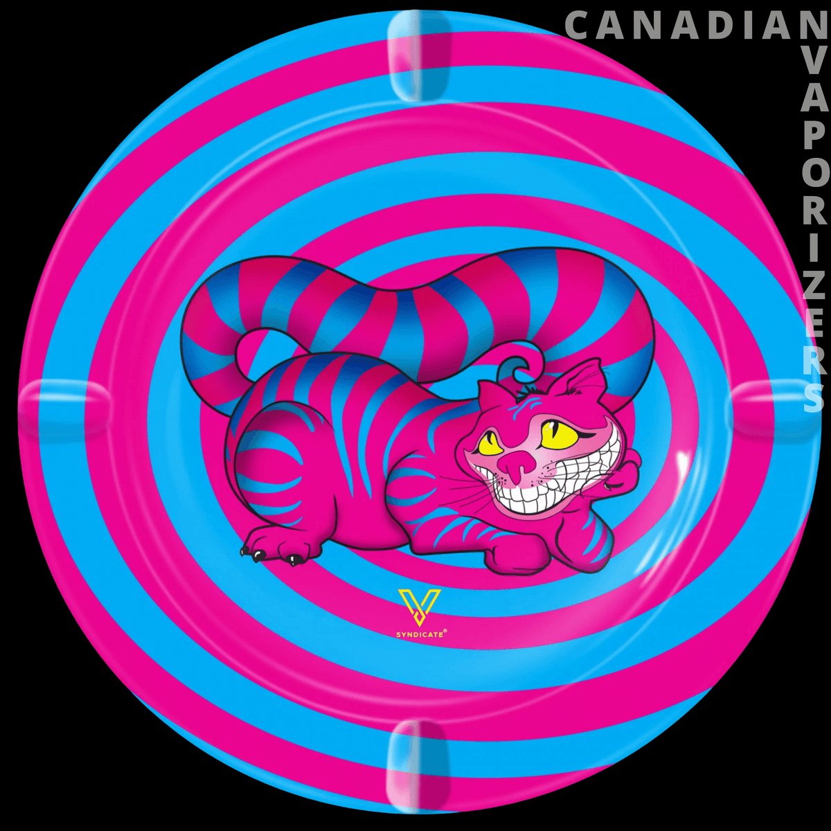 Seshigher Cat Metal Ashtray - Round metal ashtray with bright pink and turquoise spiral rings and a grinning cartoon cat design.