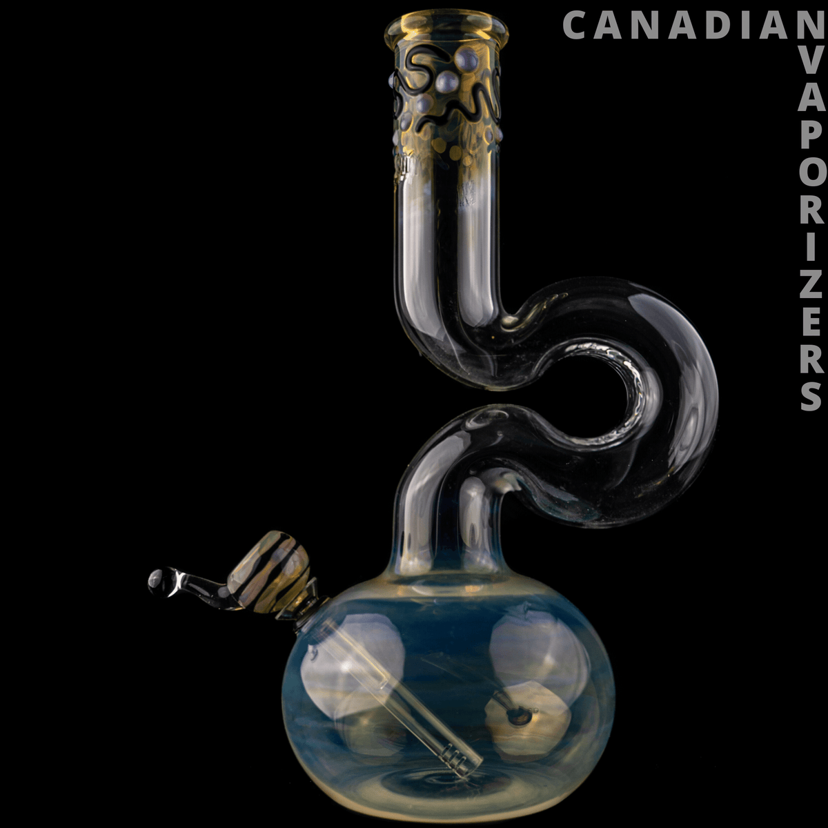 SINGLE BAGEL - Clear glass bagel-shaped water pipe with a rounded blue chamber and curved neck.