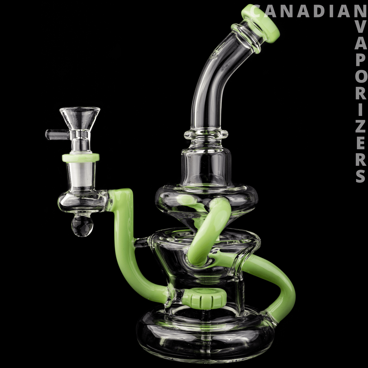 Slyme Green | Hydros Glass Kliencycler - Slyme green glass recycler with a curved neck, clear chambers, and lime green accents.