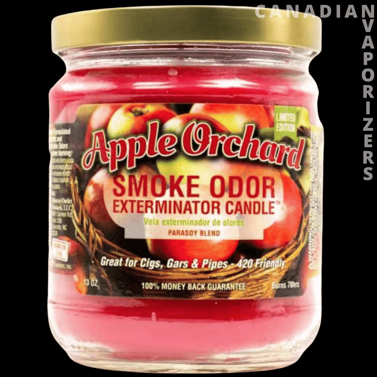 Smoke Odor Exterminator 13Oz Candle - Pink Apple Orchard smoke odor exterminator candle in a clear glass jar with a gold lid and colorful label.