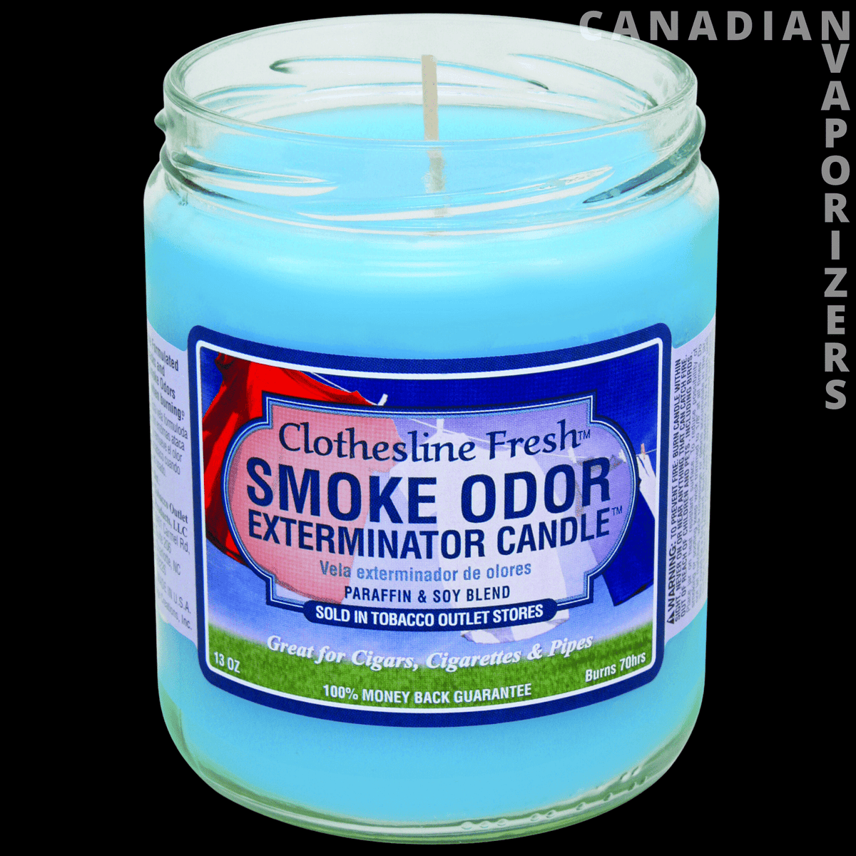 Smoke Odor Exterminator 13Oz Candle - Blue Clothesline Fresh smoke odor exterminator candle in a clear glass jar with a white wick and colorful label.
