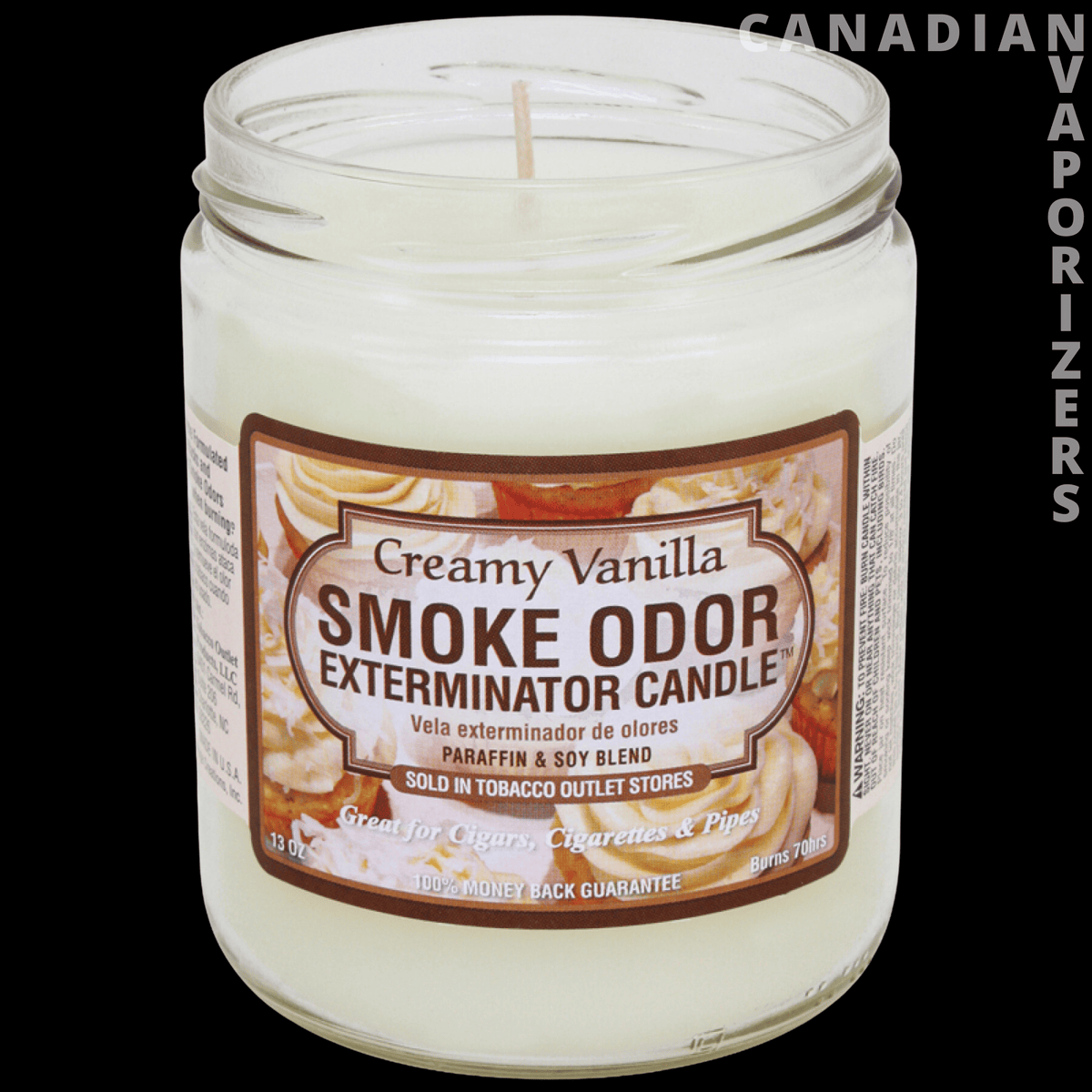 Smoke Odor Exterminator 13Oz Candle - Creamy vanilla smoke odor eliminator candle in a clear glass jar with a white wax and vintage-style label.