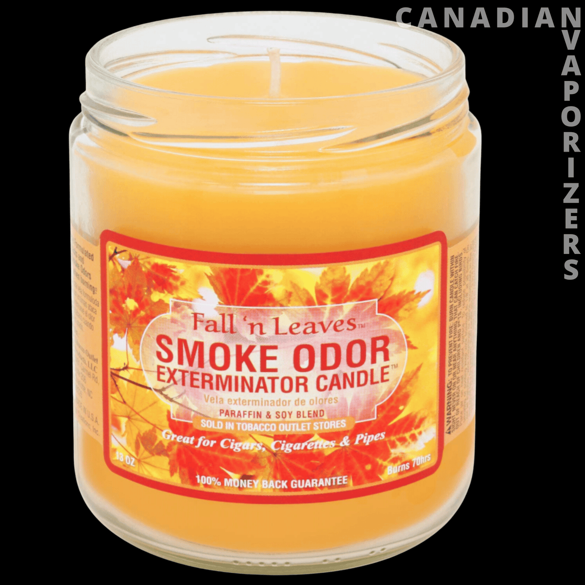 Smoke Odor Exterminator 13Oz Candle - Orange smoke odor exterminator candle in a clear glass jar with a fall leaves label and white wick.