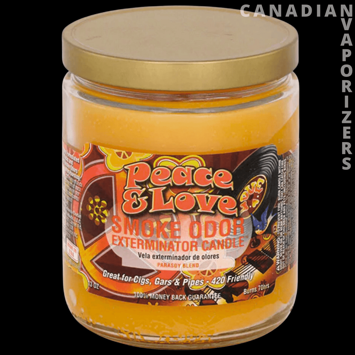 Smoke Odor Exterminator 13Oz Candle - Orange Peace &amp; Love smoke odor exterminator candle in a clear glass jar with a gold lid and colorful label.