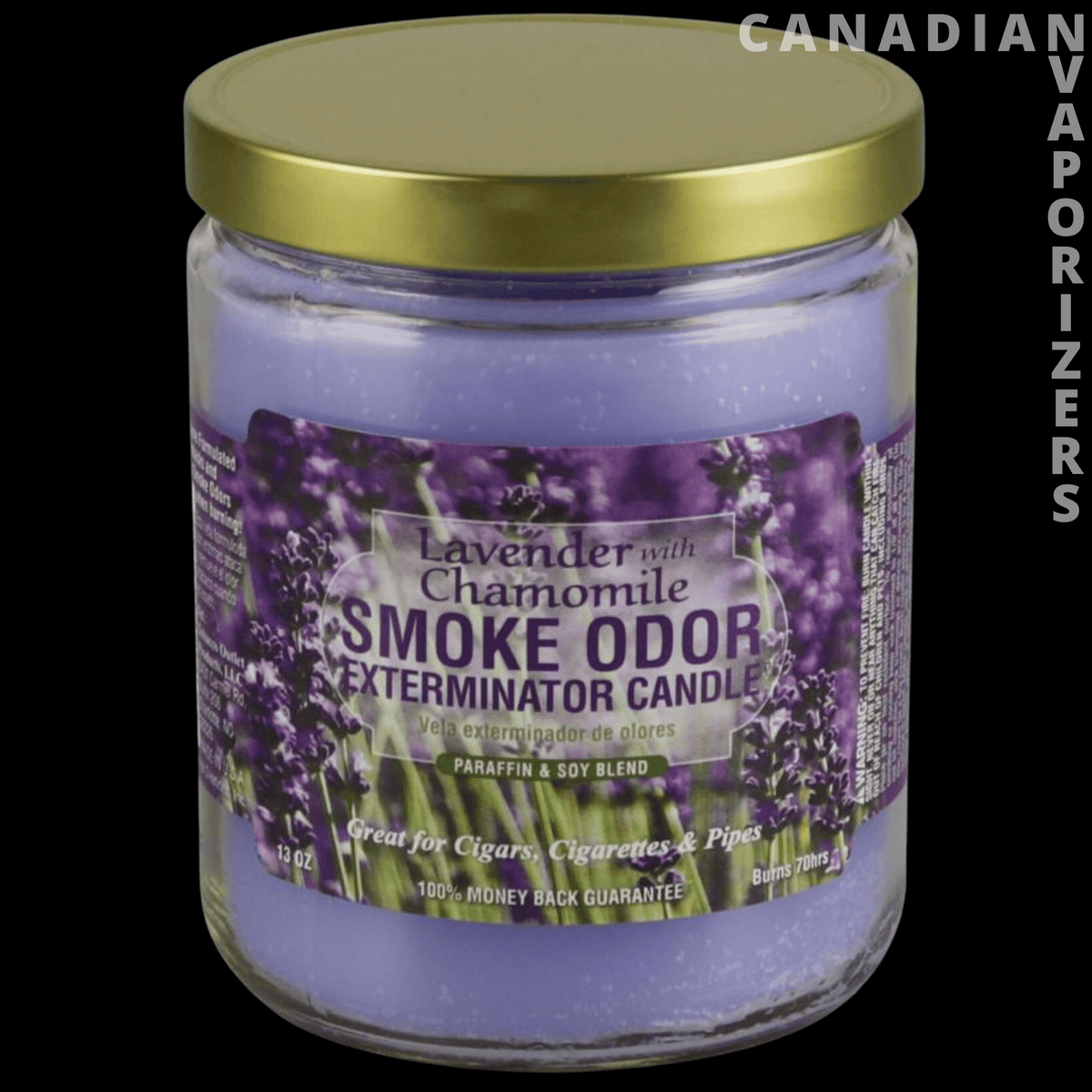 Smoke Odor Exterminator 13Oz Candle - Lavender purple Smoke Odor Exterminator candle in a clear glass jar with a gold lid and floral label.