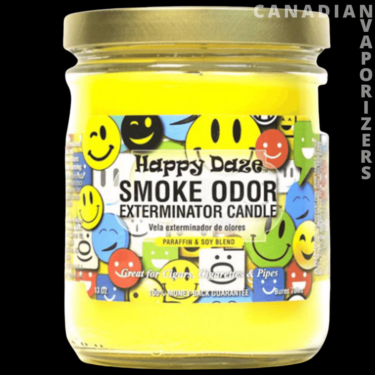 Smoke Odor Exterminator 13Oz Candle - Yellow Happy Daze smoke odor exterminator candle in a clear glass jar with colorful smiley faces.