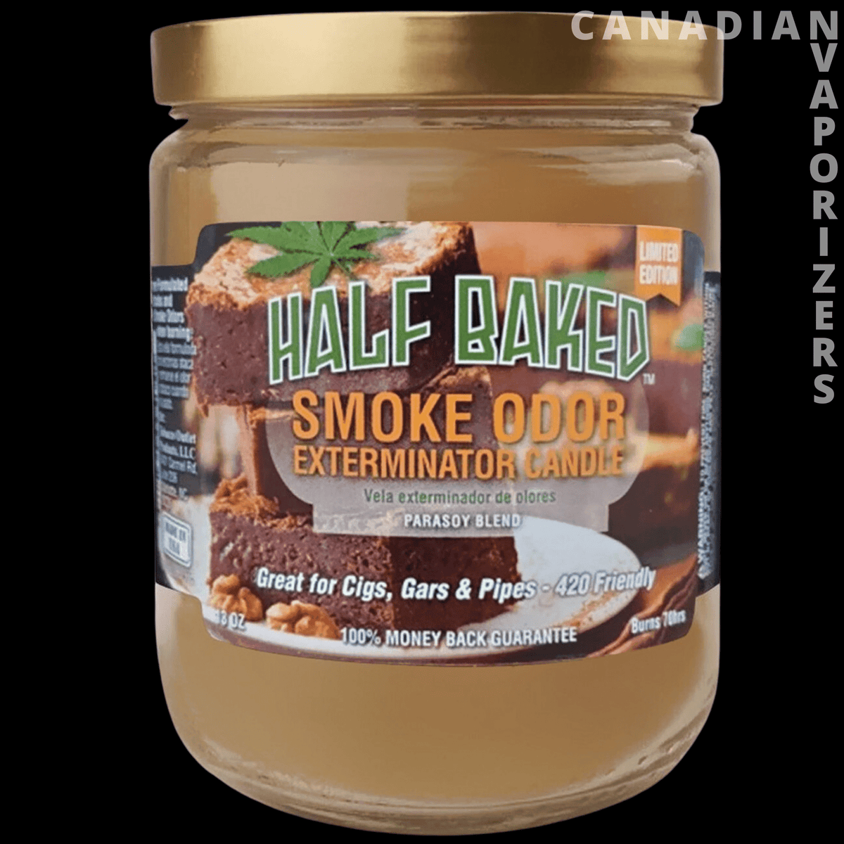 Smoke Odor Exterminator 13Oz Candle - Clear glass jar candle with a gold lid and “Half Baked” smoke odor exterminator label.