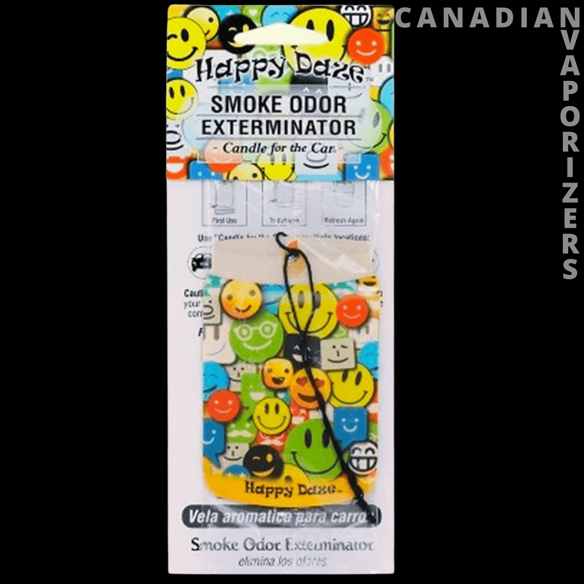 Smoke Odor Exterminator Car Hangers - Colorful smiley-face Smoke Odor Exterminator car hangers with a black hanging loop, packaged on a bright yellow and blue.