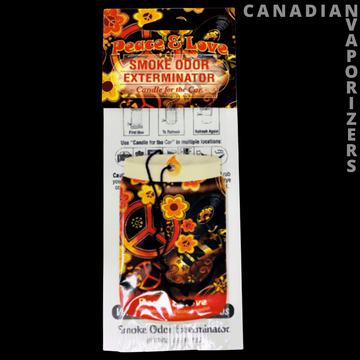 Smoke Odor Exterminator Car Hangers - Smoke Odor Exterminator car hanger in a black package with vivid orange and yellow floral graphics.