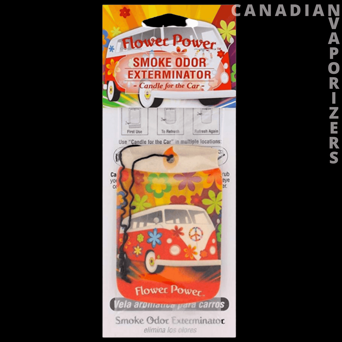 Smoke Odor Exterminator Car Hangers - Flower Power smoke odor exterminator car hanger with a colorful retro floral design in clear packaging.