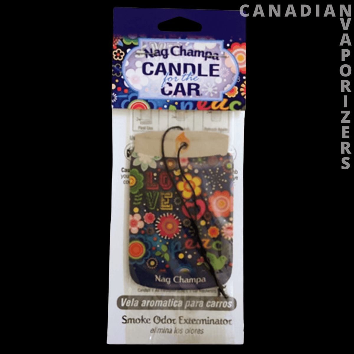 Smoke Odor Exterminator Car Hangers - Nag Champa scented car air freshener hanger with a colorful floral pattern in clear packaging.