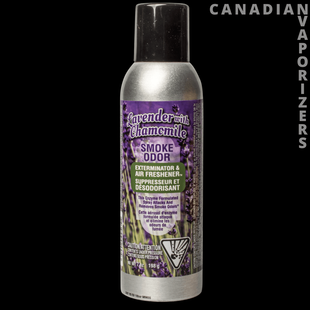 Smoke Odor Spray - Silver Smoke Odor Spray can with a black cap and purple lavender chamomile label.