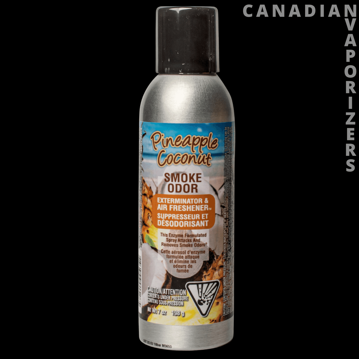 Smoke Odor Spray - Silver Smoke Odor Spray can with a black cap and blue pineapple coconut label.