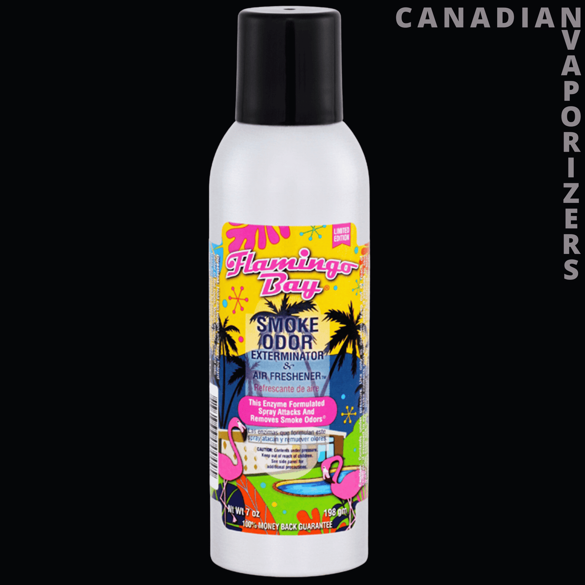 Smoke Odor Spray - White smoke odor spray can with a black cap and bright pink, yellow, and blue label.