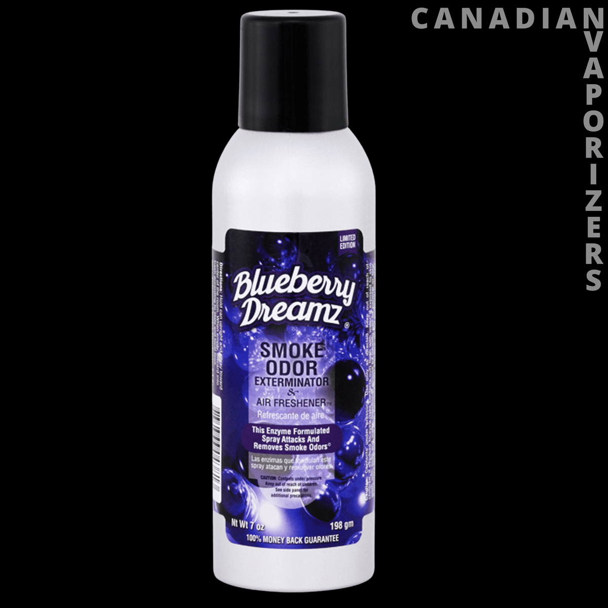 Smoke Odor Spray - White Blueberry Dreamz smoke odor spray bottle with a black cap and blue-purple label.