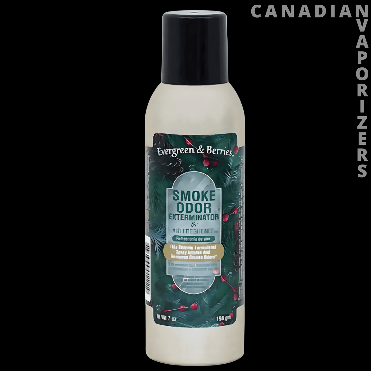 Smoke Odor Spray - White Smoke Odor spray bottle with black cap and evergreen and berry label.