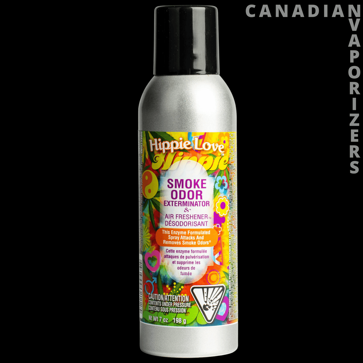 Smoke Odor Spray - Silver aerosol can of Hippie Love Smoke Odor Eliminator spray with a black cap and colorful floral label.