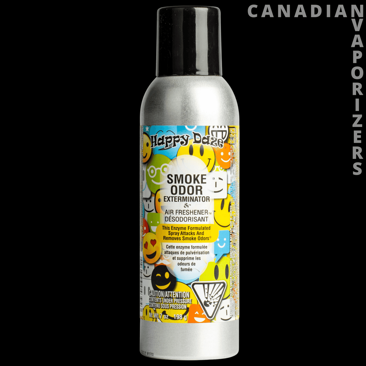 Smoke Odor Spray - Silver smoke odor spray bottle with black cap and bright yellow, blue, and orange label.