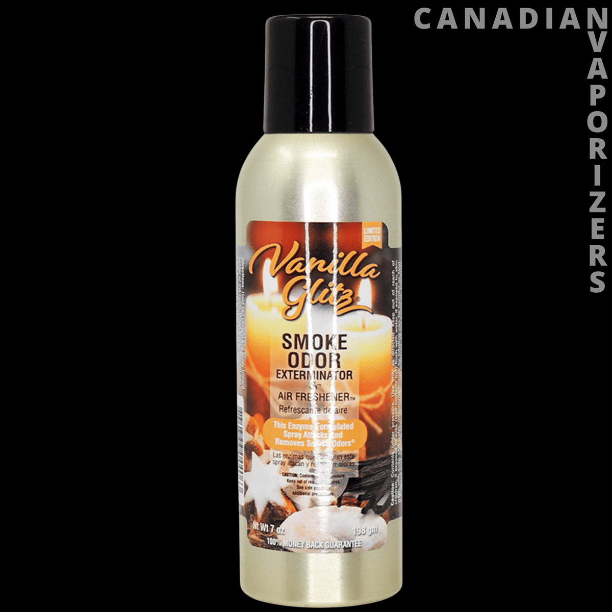 Smoke Odor Spray - Gold aerosol can of Vanilla Cask smoke odor spray with a black cap and orange-and-white label.