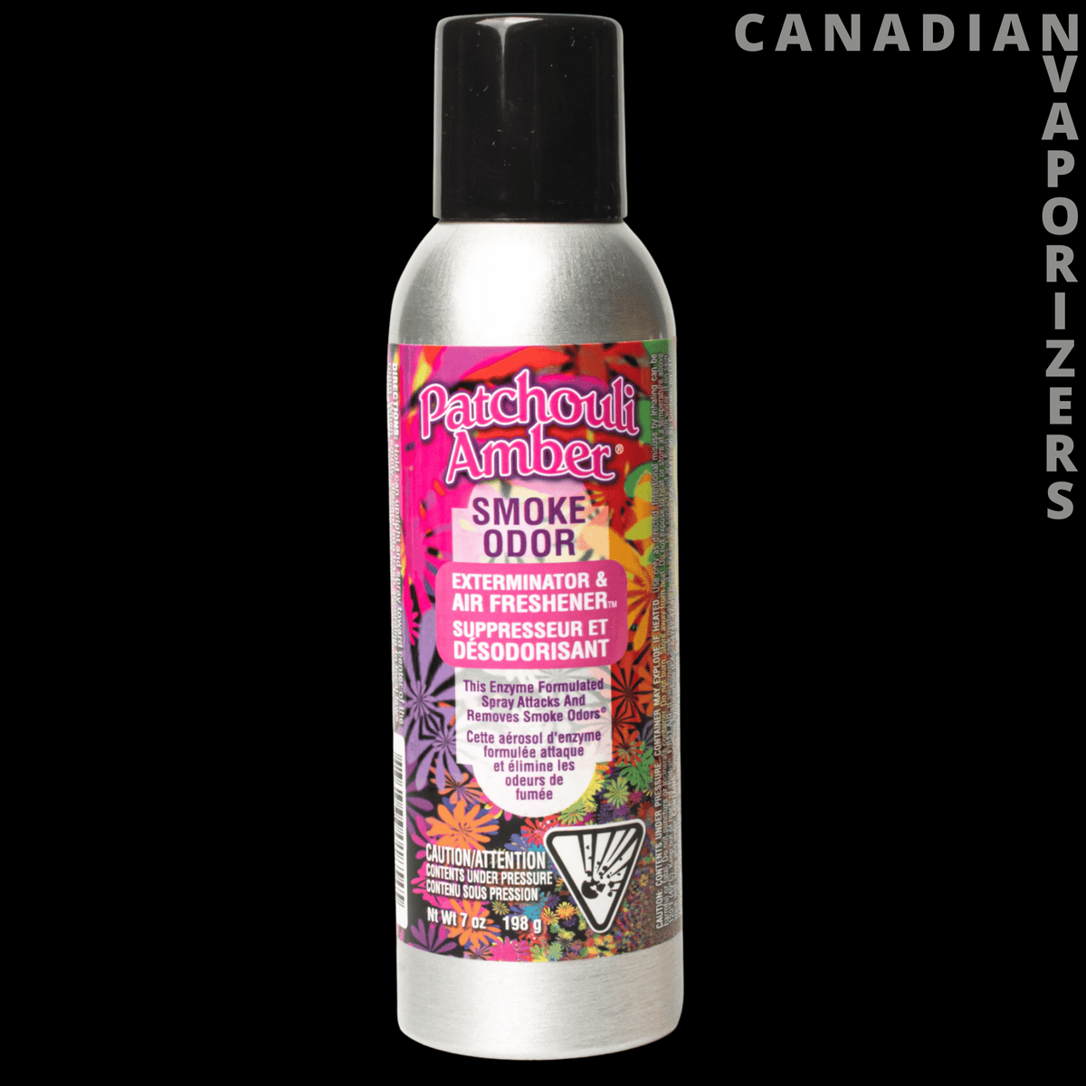 Smoke Odor Spray - Silver aerosol can of Pinkerton’s Amber Smoke Odor spray with a black cap and colorful floral label.