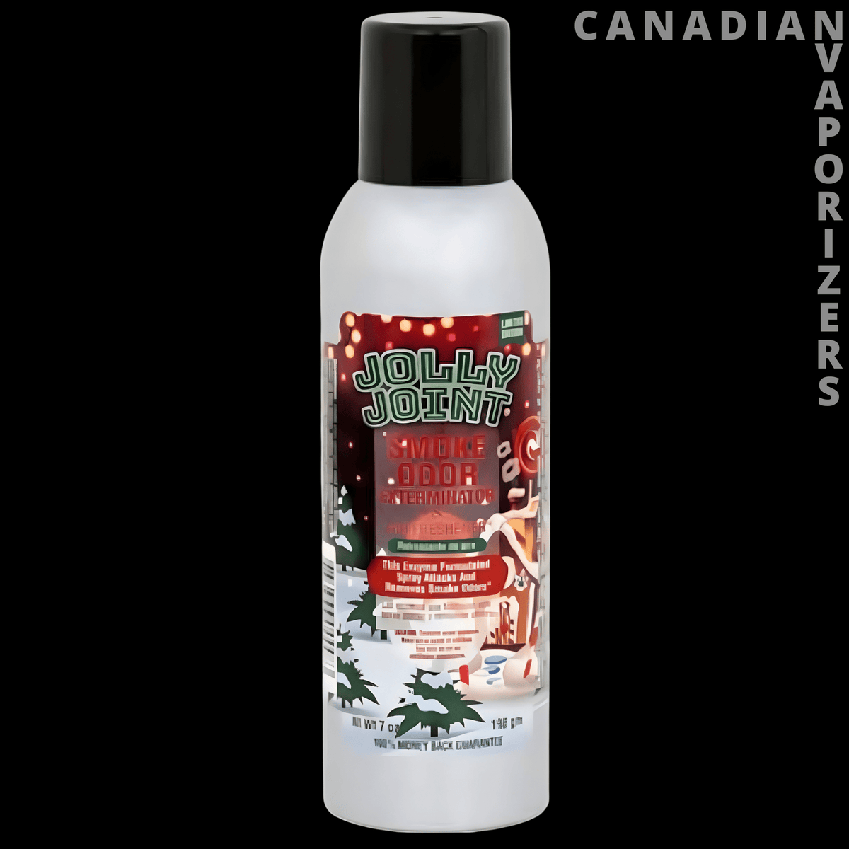 Smoke Odor Spray - White Smoke Odor Spray bottle with a black cap and festive red holiday label featuring a snowman and evergreen trees.