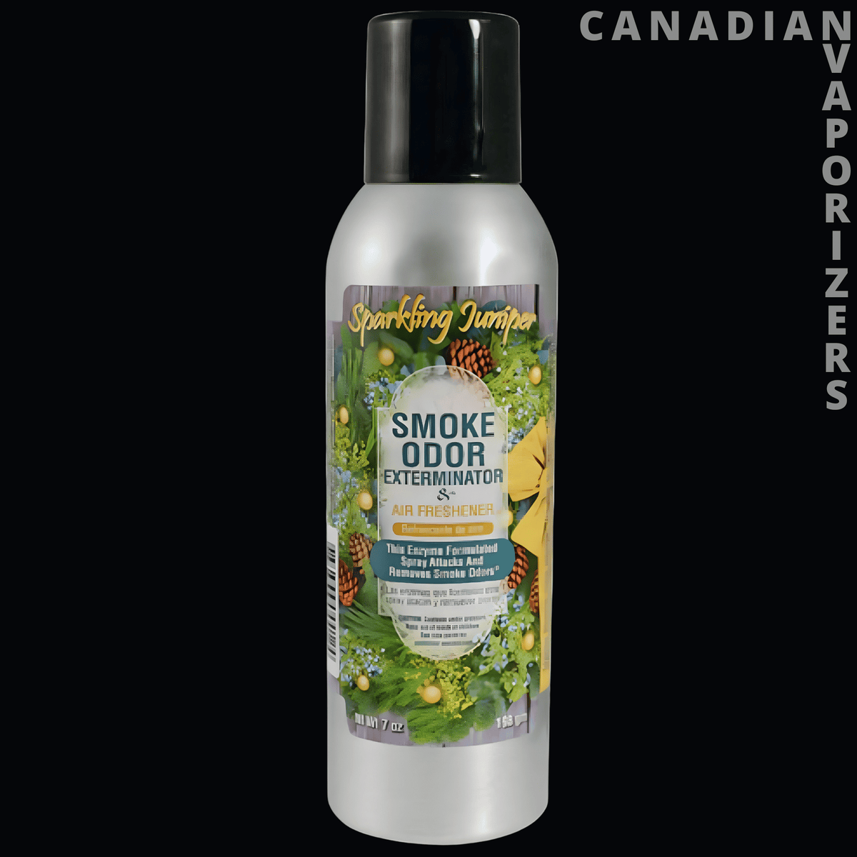 Smoke Odor Spray - Silver Smoke Odor Exterminator spray can with a black cap and colorful botanical label.