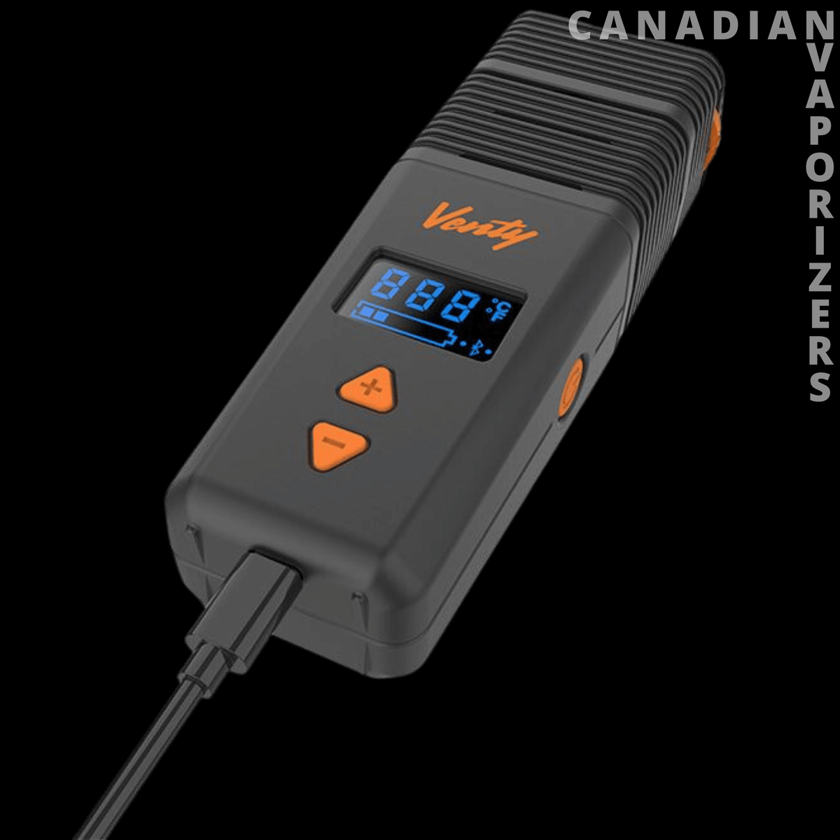 Venty Vaporizer Storz &amp; Bickel - Black Venty vaporizer with ribbed top, blue digital display, orange controls, and attached charging cable.