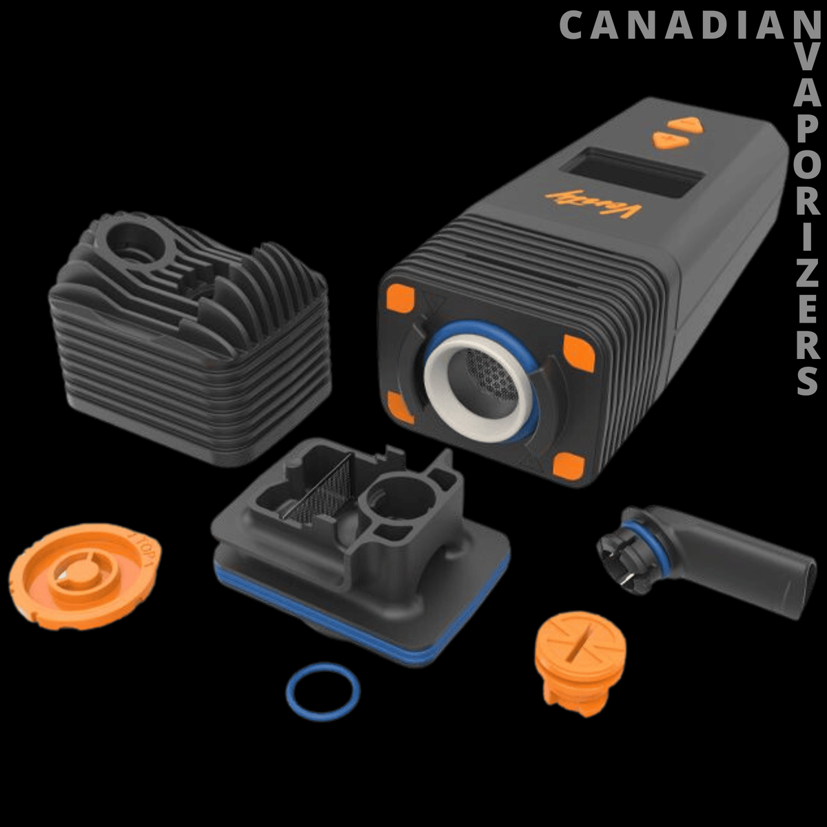 Venty Vaporizer Storz &amp; Bickel - Black Venty vaporizer with ribbed housing, orange accents, cooling unit, mouthpiece, and detachable components.