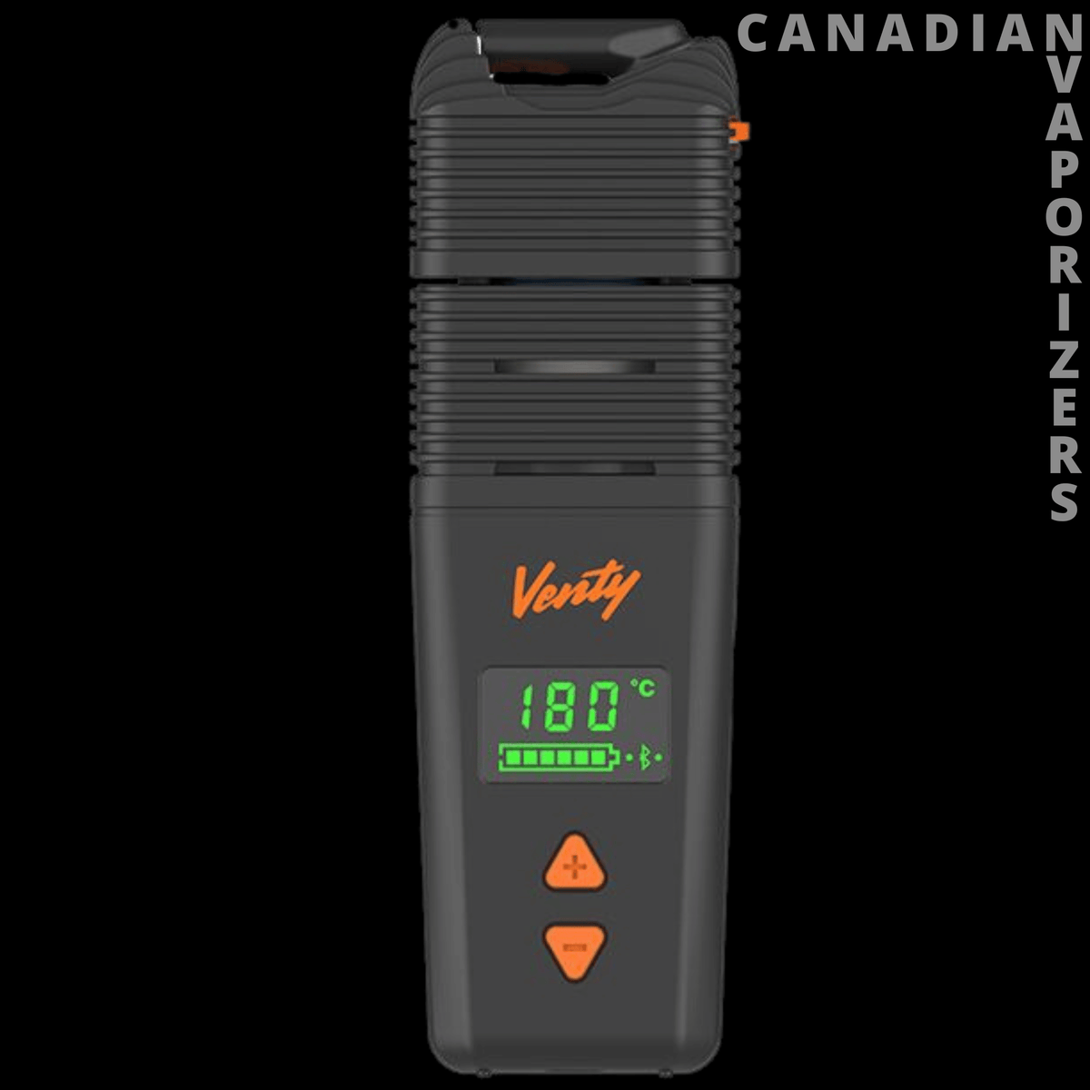 Venty Vaporizer Storz &amp; Bickel - Black ribbed Venty vaporizer with orange accents, a green 180°C display, and orange control buttons.