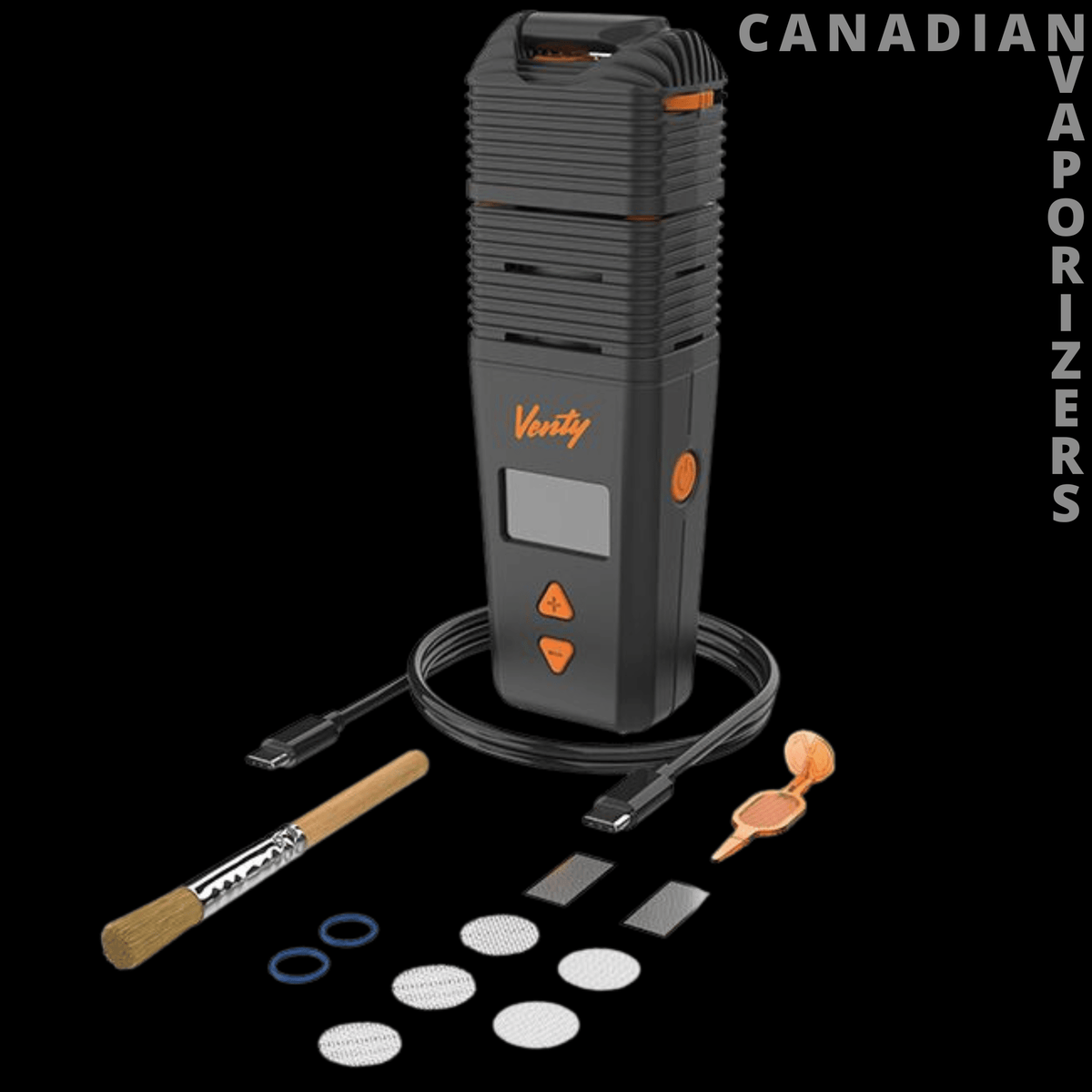 Venty Vaporizer Storz &amp; Bickel - Black Venty vaporizer with ribbed housing, orange controls, charging cable, brush, and replacement screens.