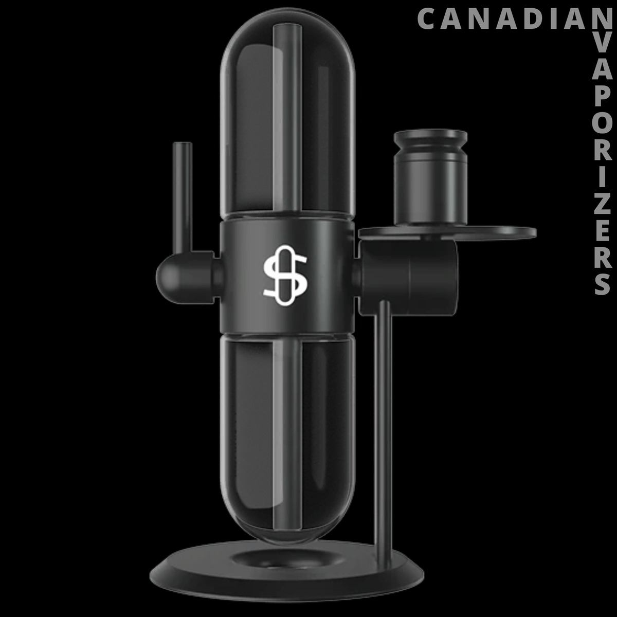 Stundenglass Gravity Bong - Black glass Stundenglass gravity bong with dual chambers, metal frame, and white dollar-sign emblem.